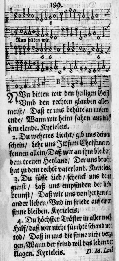 Nun bitten wir den Heiligen Geist (1653), Melodie mit beziffertem Bass und Text